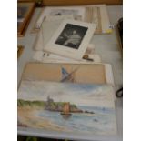 Unframed quantity of antique book prints and two watercolour studies of sailing boats