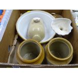 Vintage mixing bowl, stoneware hotwater bottle and storage jars etc