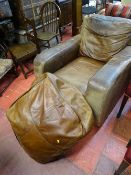 Vintage distressed leather armchair and pouffe