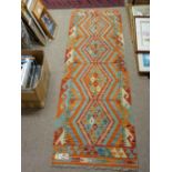 Chobi Kelim carpet runner, colourful vegetable dye wool with repeating central diamond pattern,