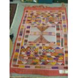 Old Moroccan Kelim rug, colourful block pattern with single border and tasselled end, 140 x 89 cms