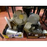 Two boxes of household kitchen items etc including desk fan E/T