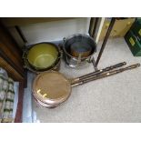 Two brass skillets, large brass skillet, iron handled brass pan, large aluminium fish pan and two