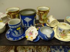 Five pieces of Wedgwood deep blue Jasperware, two Wedgwood Peter Rabbit mugs and dishes, a pair of