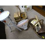 Retro glass ceiling shade, two baskets, copper wash posser, bamboo planter stand, Twinings tea box