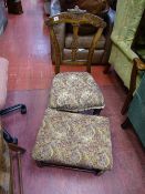 Oak carved back chair with floral upholstery and a matching footstool