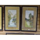 Two framed unattributed watercolour studies, Victorian themes depicting a watermill and a canal