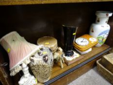 Large pottery vase, black lustrous vase, pottery framed clock, pair of native novelty drums etc
