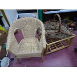 Basket weave chair, a woven basket and a conservatory table