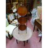 Three shelf cakestand and a Benares brass topped occasional table