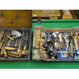 Box of garage hand tools including screwdrivers, saw, mortice gauge etc and a wooden and metal box