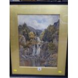 R DOBSON framed watercolour study of a waterfall, signed