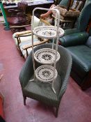 Lloyd loom armchair and a three shelf basket weave cakestand