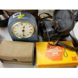 Cased pair of Hezzanith racing binoculars, modern mantel clock and three vintage cameras