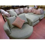 Excellent modern large 'L' shaped corner sofa with circular swivel armchair, large matching pouffe