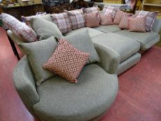 Excellent modern large 'L' shaped corner sofa with circular swivel armchair, large matching pouffe
