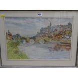 GEORGE PHOENIX framed watercolour study - riverside town and arched bridge over a river, signed,