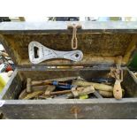 Vintage wooden toolbox containing quantity of hand tools including spoke shave etc