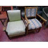 Wooden framed green upholstered armchair and a light wood striped and floral upholstered elbow chair