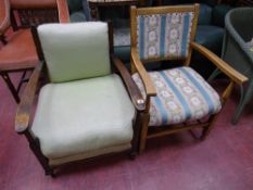Wooden framed green upholstered armchair and a light wood striped and floral upholstered elbow chair