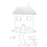 THE SHIRES collaborative pen on paper - house with armadillo roof, signed, 20 x 29cms