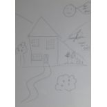 ROMESH RANGANATHAN pen on paper - childlike house with figures and happy-sun, inscribed 'Rom Can't