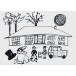 IAN WAITE pen on paper - house with figures and mirror-ball sun, entitled 'Living at Number 10 (from