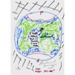 RICHARD HERRING pen on paper - coloured drawing of the world with flirtatious inscription 'I Live