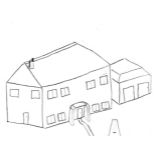 TOM SHANKLIN pen on paper - drawing of large house with important double garage, signed, 20 x