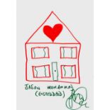 JASON MOHAMMAD pen on paper - red and green house with great big lovely heart in roof, signed, 29