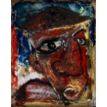 IWAN BALA (b.1956) mixed media - head portrait in cap, entitled 'The Old Storyteller', signed &