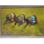 OIL ON CANVAS - three stooped crop gatherers in straw hats, indistinctly signed, dated '69, 59 x