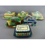 FIVE VICTORIAN MAJOLICA & A PAINTED JAPANESE POTTERY SARDINE DISHES, a colourful collections with