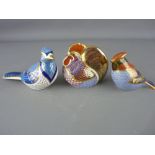 THREE ROYAL CROWN DERBY PAPERWEIGHTS, 'Farmyard Hen', gold stopper, 'Long Tailed Bird', gold stopper