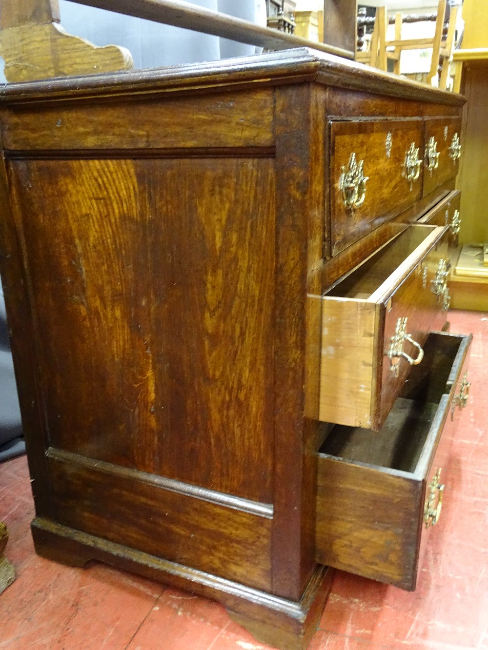 AN ANTIQUE CONVERTED MULE CHEST/DRESSER, the base having six opening drawers with pierced brass - Image 3 of 3