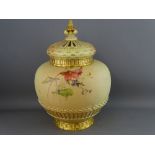 A LARGE ROYAL WORCESTER HAND PAINTED BLUSH IVORY POT POURRI JAR & COVER, reticulated crown cap cover