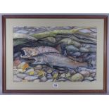 NEIL DALRYMPLE mixed media - two spawning salmon on a stoney river bed, signed and indistinctly