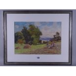 JOSIAH CLINTON JONES watercolour - Conwy Valley rural scene with figures resting in a hay field,