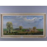 A K DRURY oil on board - peaceful rural landscape scene with farmstead and ploughed fields, signed