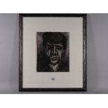 MIKE JONES charcoal - portrait of a farmer with cap, signed in full, 25 x 20 cms