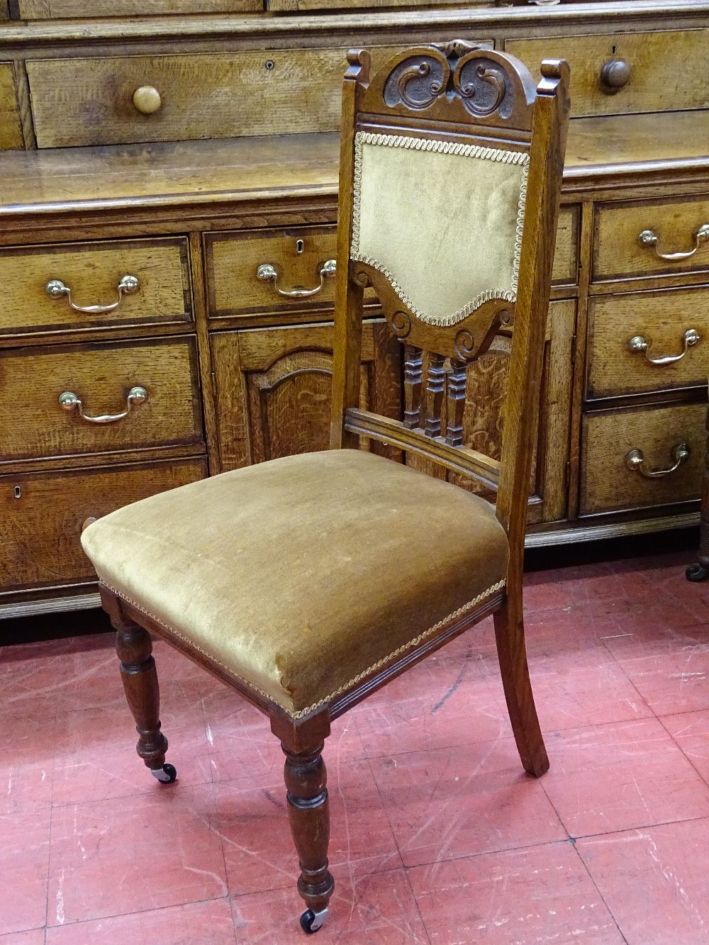 A PAIR OF VINTAGE OAK SIDE CHAIRS & one other and a mahogany framed bead and needlework - Image 2 of 4