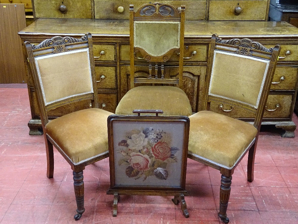 A PAIR OF VINTAGE OAK SIDE CHAIRS & one other and a mahogany framed bead and needlework