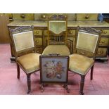A PAIR OF VINTAGE OAK SIDE CHAIRS & one other and a mahogany framed bead and needlework