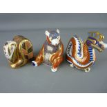 THREE ROYAL CROWN DERBY PAPERWEIGHTS, 'Snake' numeral marked MMI, gold stopper, 'Bear' marked LX,
