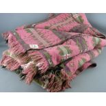 A GOOD VINTAGE WELSH WOOLLEN BLANKET, pink and sage green with traditional block pattern and