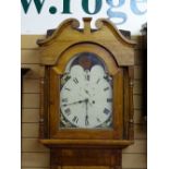 A VICTORIAN OAK & MAHOGANY LONGCASE CLOCK with 14 ins painted dial and moon phase movement, twin