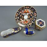 THREE PIECES OF ROYAL CROWN DERBY and a Spode china shoe including a 'Millennium Bug' paperweight,