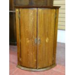 A 19th CENTURY OAK & CROSSBANDED MAHOGANY TWO DOOR BOW FRONT HANGING CORNER CUPBOARD with Sheraton