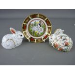 TWO ROYAL CROWN DERBY PAPERWEIGHTS, 'Meadow Rabbit' and 'Bunny', both gold stoppers and a pin dish