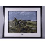 OWEN MEILIR oil on board - farmer with his sheepdog in a Snowdonia landscape, 30 x 40 cms